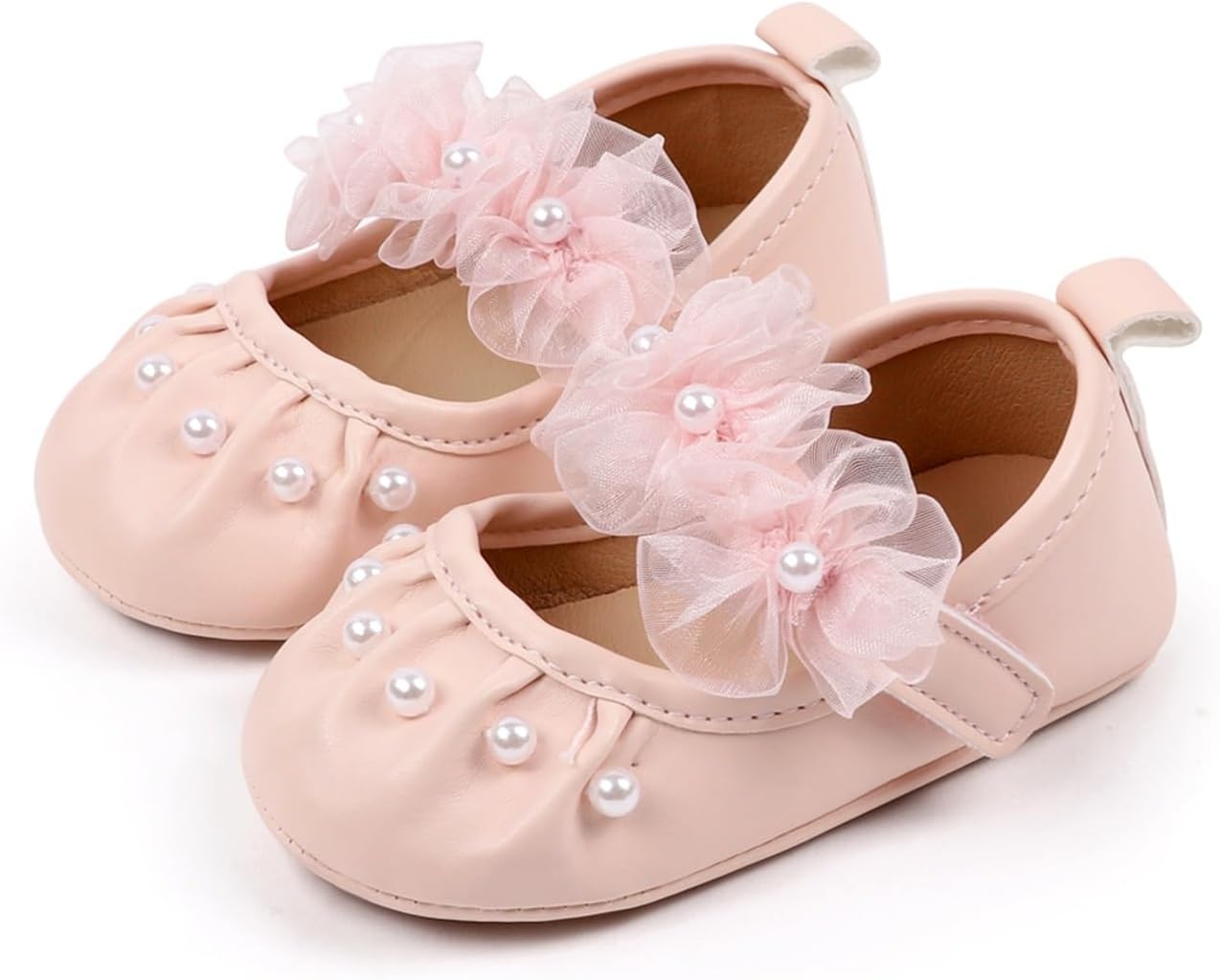 Baby Girl Mary Jane Flats with Pearl Flower Cotton Anti Skid Sole Infant First Walker Princess Dress Crib Wedding Shoes