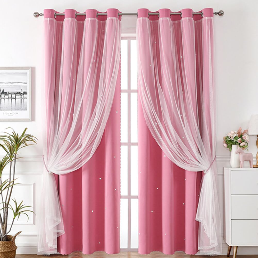 URFEDA Rideau Double Voilage à Dentelle Rideau Occultants Thermiques Rideaux étoilés Semi-translucide Rideaux Beige à Oeillets Voilages Intérieur Fenêtre en Polyester Souple Moderne 132x214cm