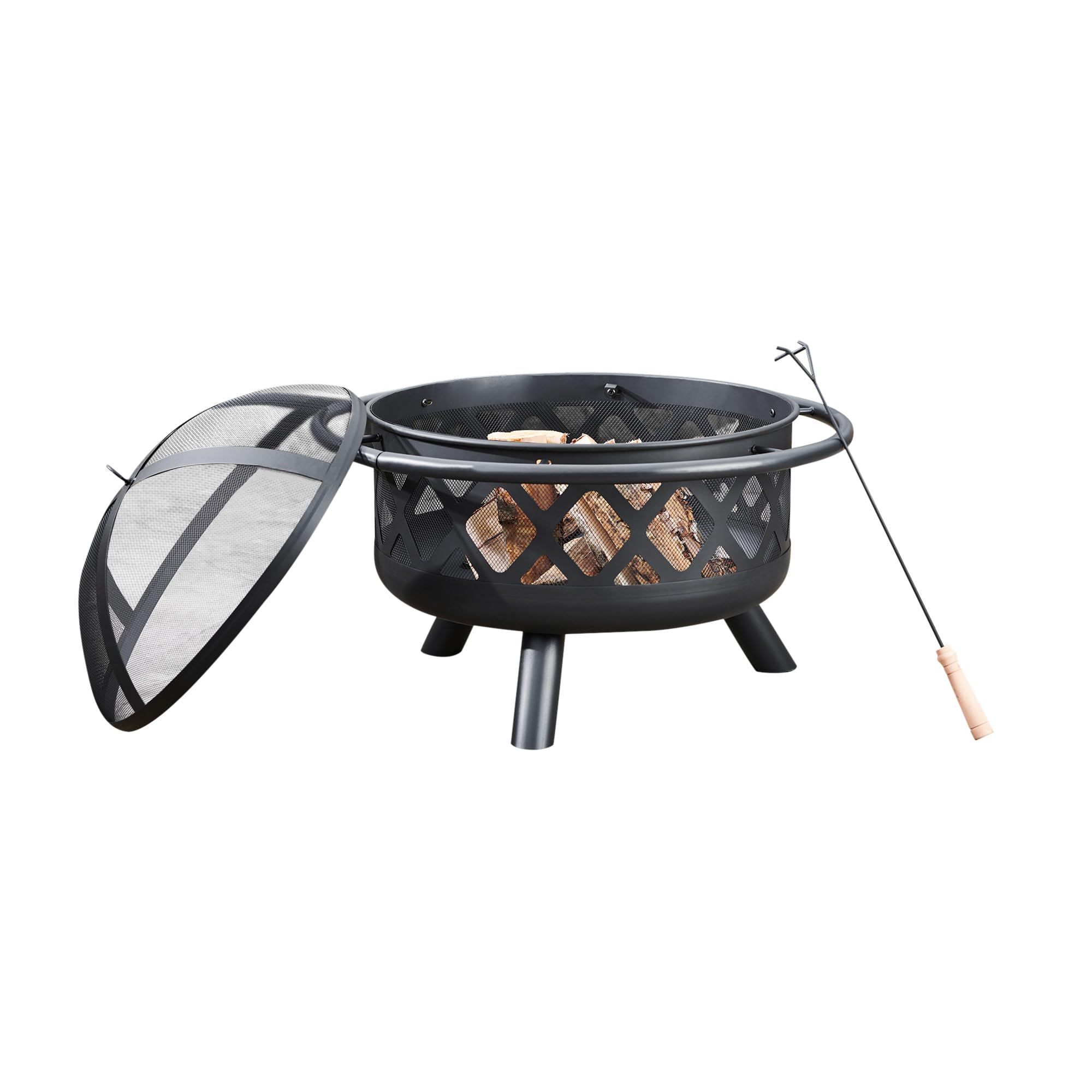 Round Steel Outdoor Fire Pit Outside Wood Burning Firepit Bonfire with Firebowl, Poker, Mesh Screen for Patio Garden Backyard BBQ, 30 Inch, Black