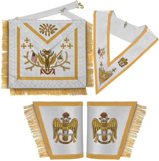Bricks Masons 33rd Degree Scottish Rite Set – White Moiré Apron, Collar & Cuffs with Gold Bullion Hand Embroidery