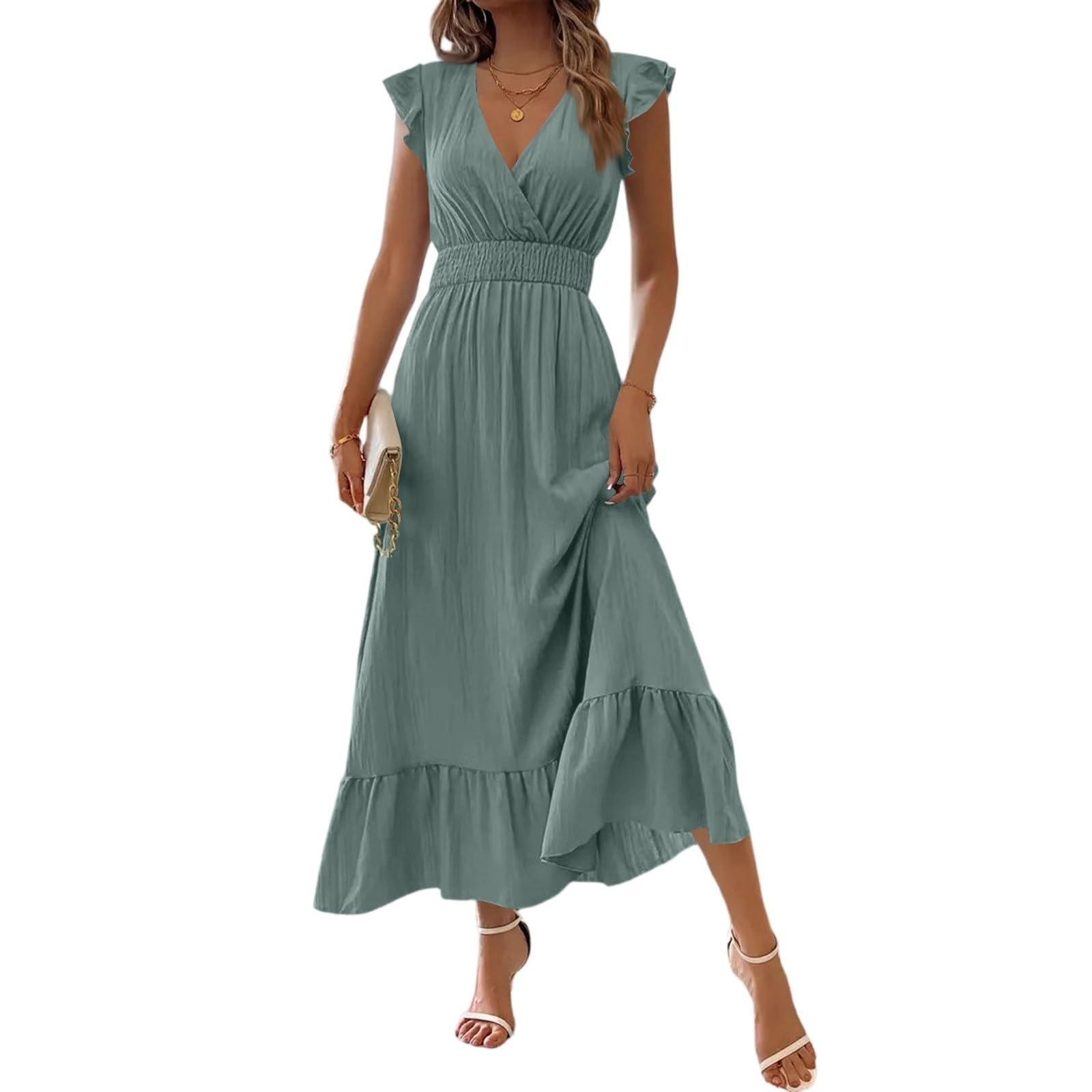 Damen Kleider Sommer Lang Korsett V Ausschnitt Maxikleid Damen Sommer mit Ärmel A Linie Rüschen Sommerkleid Maxi Elegant Plissee Kleid Frauen Tailliert Volant Sommerkleider Leicht Und Luftig