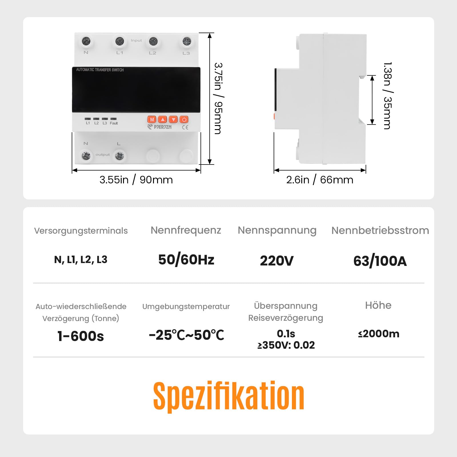 230V Doppelstrom-Automatikumschalter (ATS) - 5-Anzeigen 3-Wege-Stromumschaltung mit Über-/Unterspannungsschutz, Überstromschutz für Netz/Generator/Wechselrichter (63A/100A) (63A)