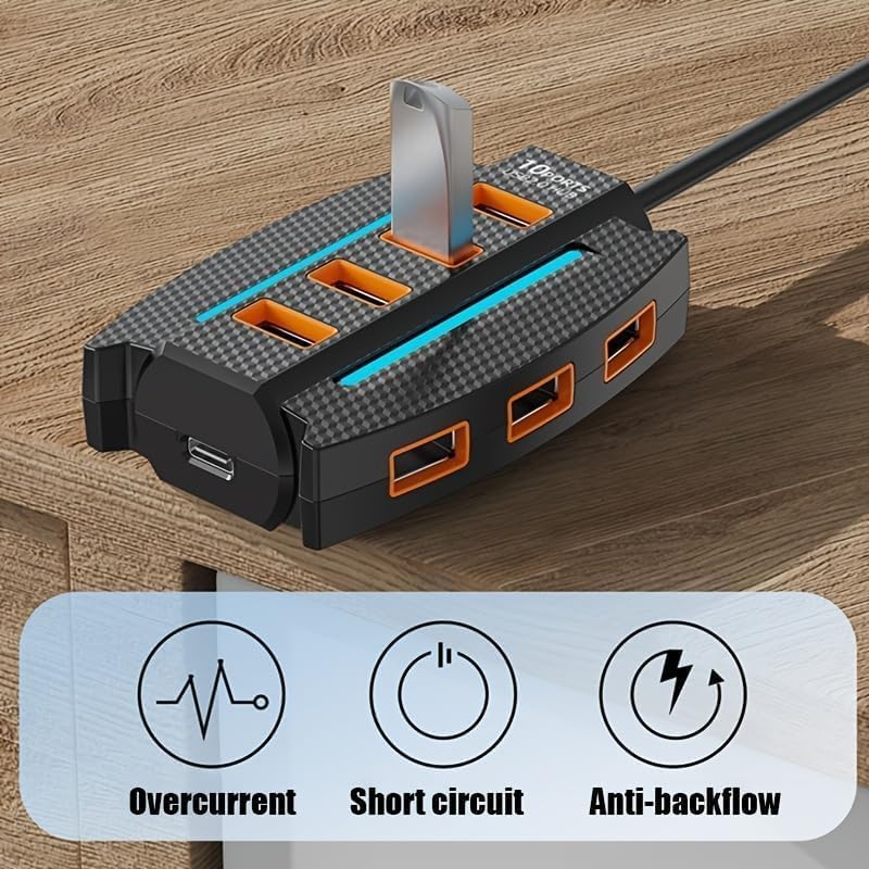 Image of 10 Port USB 2.0 Hub Splitter with Power /Data Port, 5gbps Hi-Speed Data Transfer, Plug and Play, USB Charging Docking Station Gaming Hub for Laptop, Computer (Black-Round) (10 Port (Flat))