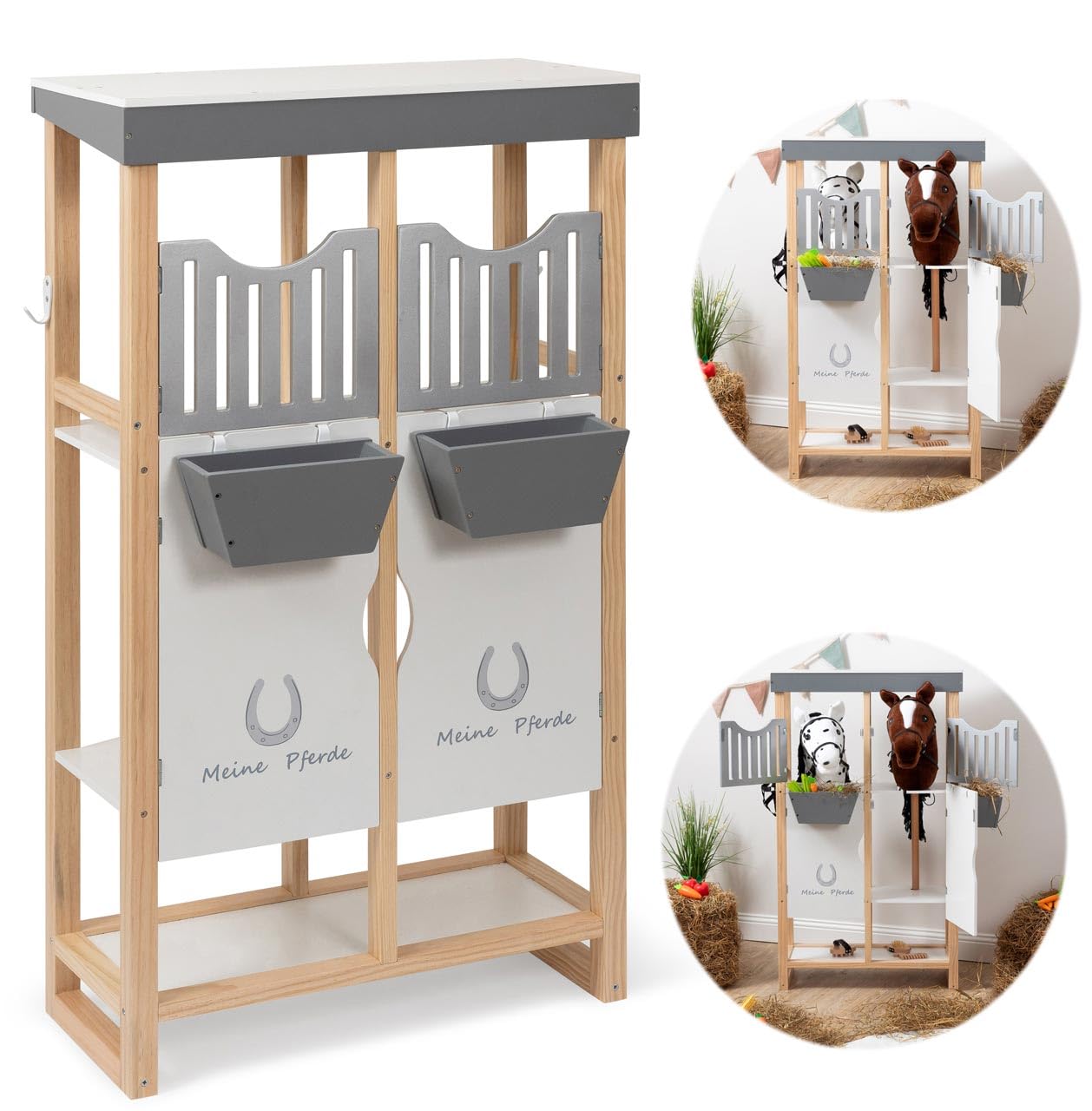ELLA & PIET® Hobby Horse Stall Shelty aus Holz mit 2-teiliger Stalltür (Holz-Weiß) Pferdestall