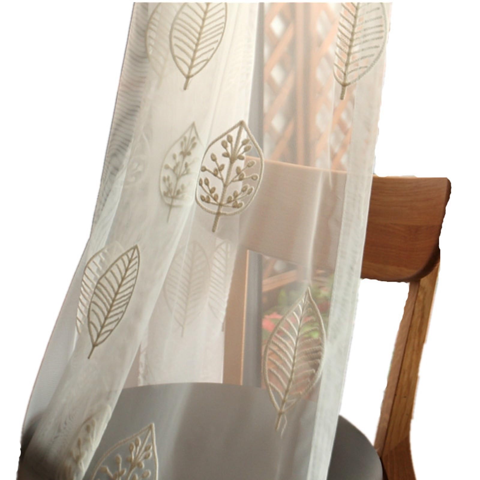 KnSam Rideaux Voilages Blanc avec Oeillets, Rideau Broderie Feuilles Moderne, 2 Panneaux, 274 x 214cm (1 Panneau: 137 x 214cm)