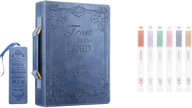 FINPAC Large Classic Bible Cover Vegan Leather Blue & Bible Highlighters, 6-Pack