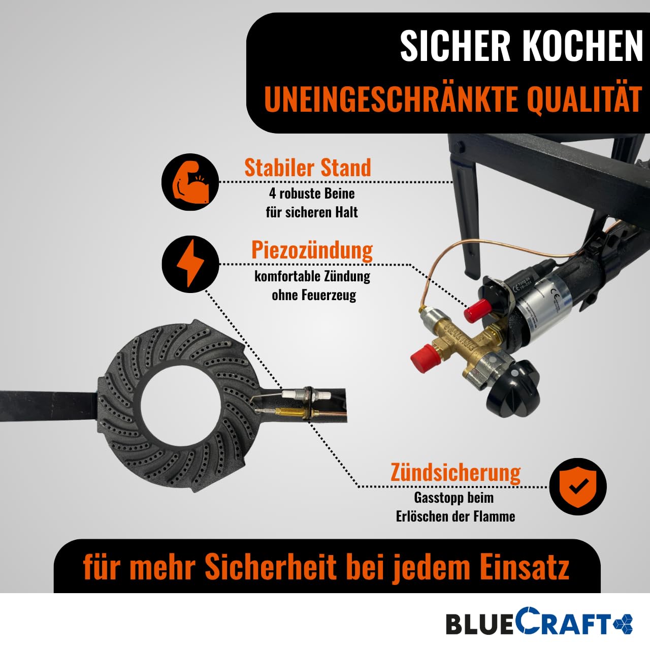 Bluecraft Hockerkocher Gas 10,5 KW Gaskocher + Gasschlauch & Regler 50mbar | Mit Zündsicherung & Piezozündung für Gasflasche - Campingkocher, Gasgrill, Gasbrenner, Gusseisen, Räucherofen, Wokbrenner
