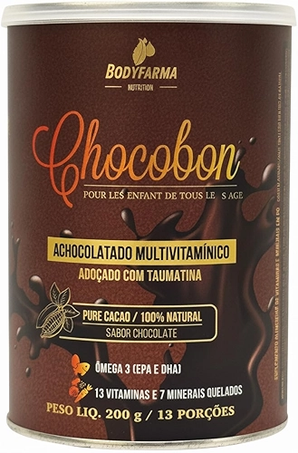 Bodyfarma Nutrition Achocolatado Saudável Chocobon multivitamínico com 13 vitaminas ativas, 7 minerais e ômega 3 sem açúcar, Complemento alimentar para toda família - Lata 200g