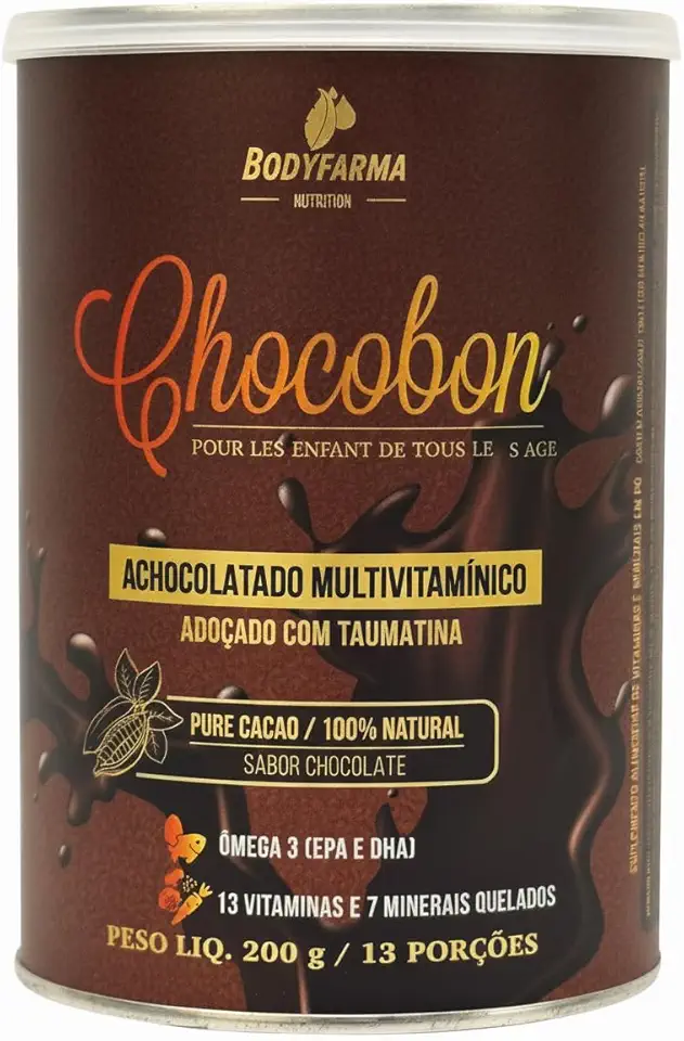 Bodyfarma Nutrition Achocolatado Saudável Chocobon multivitamínico com 13 vitaminas ativas, 7 minerais e ômega 3 sem açúcar, Complemento alimentar para toda família - Lata 200g