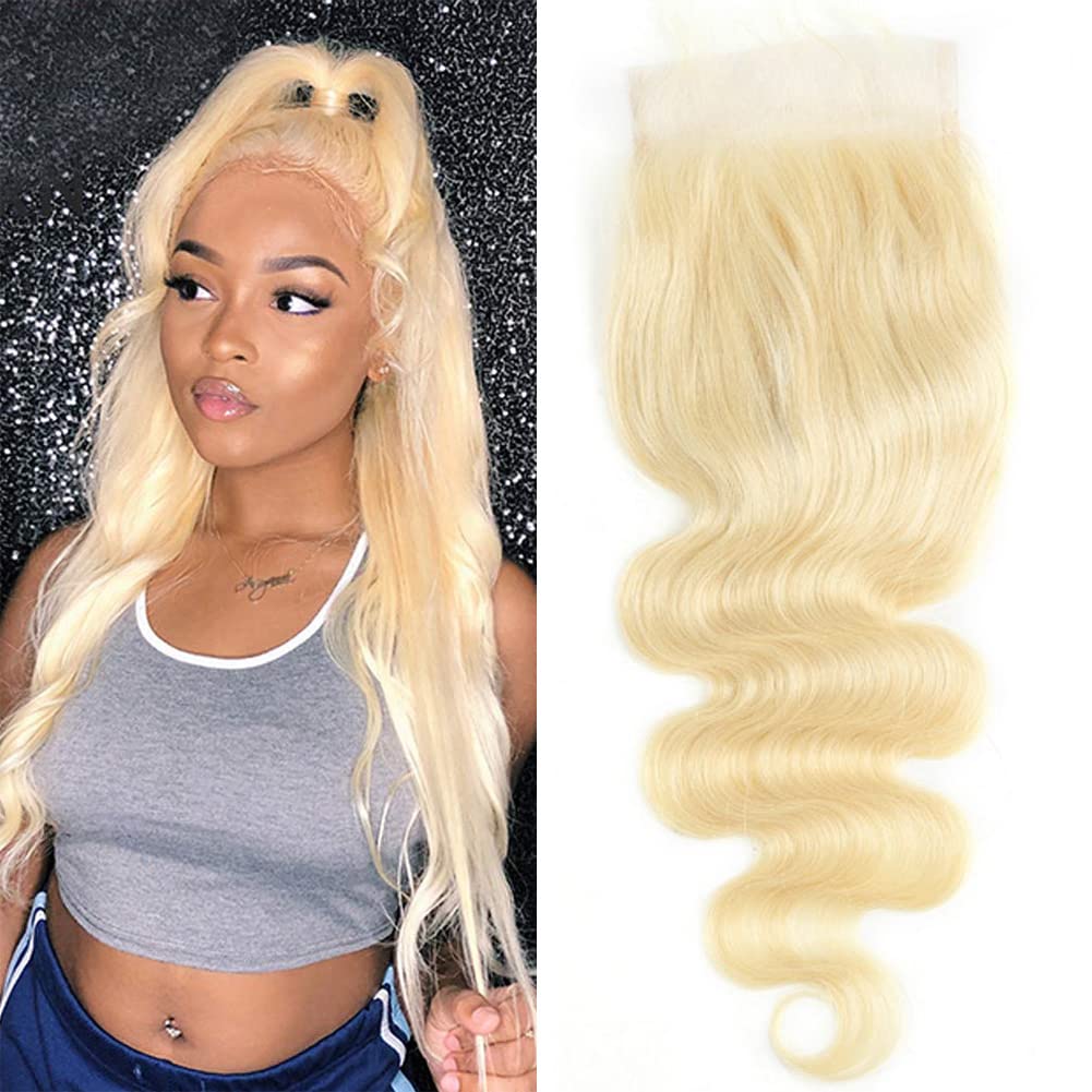 LANWIUKU613 Closure Human Hair Light Blonde Color 4x4 Body Wave Lace Closure Human Hair Pre Plucked Only Closure (14 Inch)