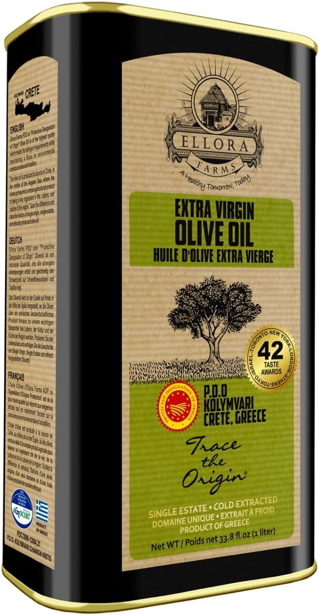 Ellora Farms Olive Oil Extra Virgin, Certified Single Estate PDO, High Polyphenol Extra Virgin Olive Oil, Cold Pressed & Traceable EVOO, Kosher, Crete, Greece 33.8 Fl oz (1 Ltr)