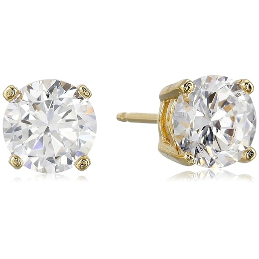 Amazon Essentials Yellow Gold Plated Sterling Silver Round Cut Cubic Zirconia Stud Earrings (5mm)