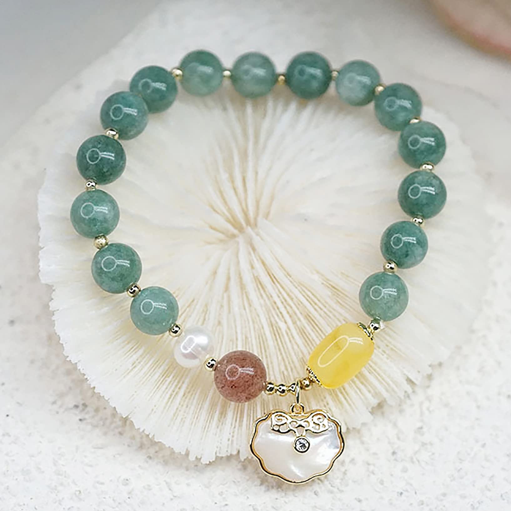 Bracciale Feng Shui, Bracciale Ricchezza Feng Shui Conchiglia Chiusura a Lunga Vita Bracciale Rigido in Giada con Perline Bracciale in Chakra Amuleto di Giada Verde per prosperità Longevità Buona