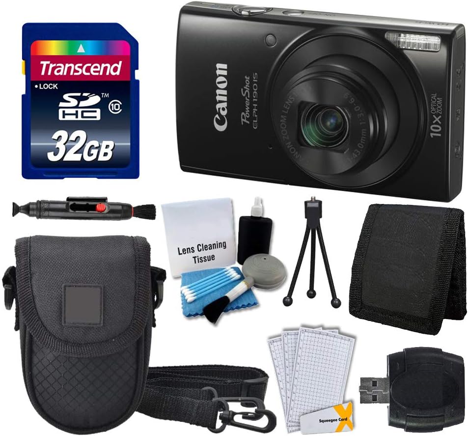 Canon PowerShot ELPH 190 is Digital Camera (Black) + Transcend 32GB Memory Card + Camera Case + USB Card Reader + Screen Protectors + Memory Card Wallet + Cleaning Pen + Great Value Accessory Bundle