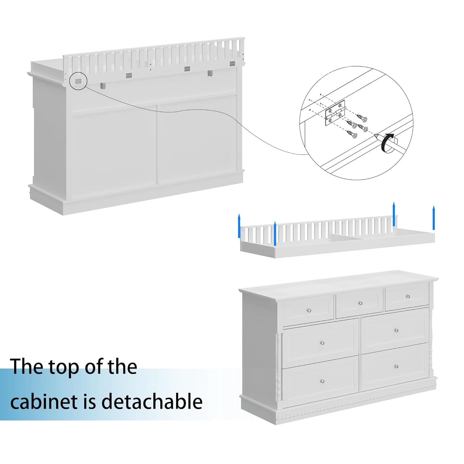 Baby Dresser with Changing Table for Nursery, Diaper Changing Dresser with 7 Drawers, Modern Chest of Drawers for Bedroom, Guard Board, Detachable Top, White, 19.3”D x 56.5”W x 40”H