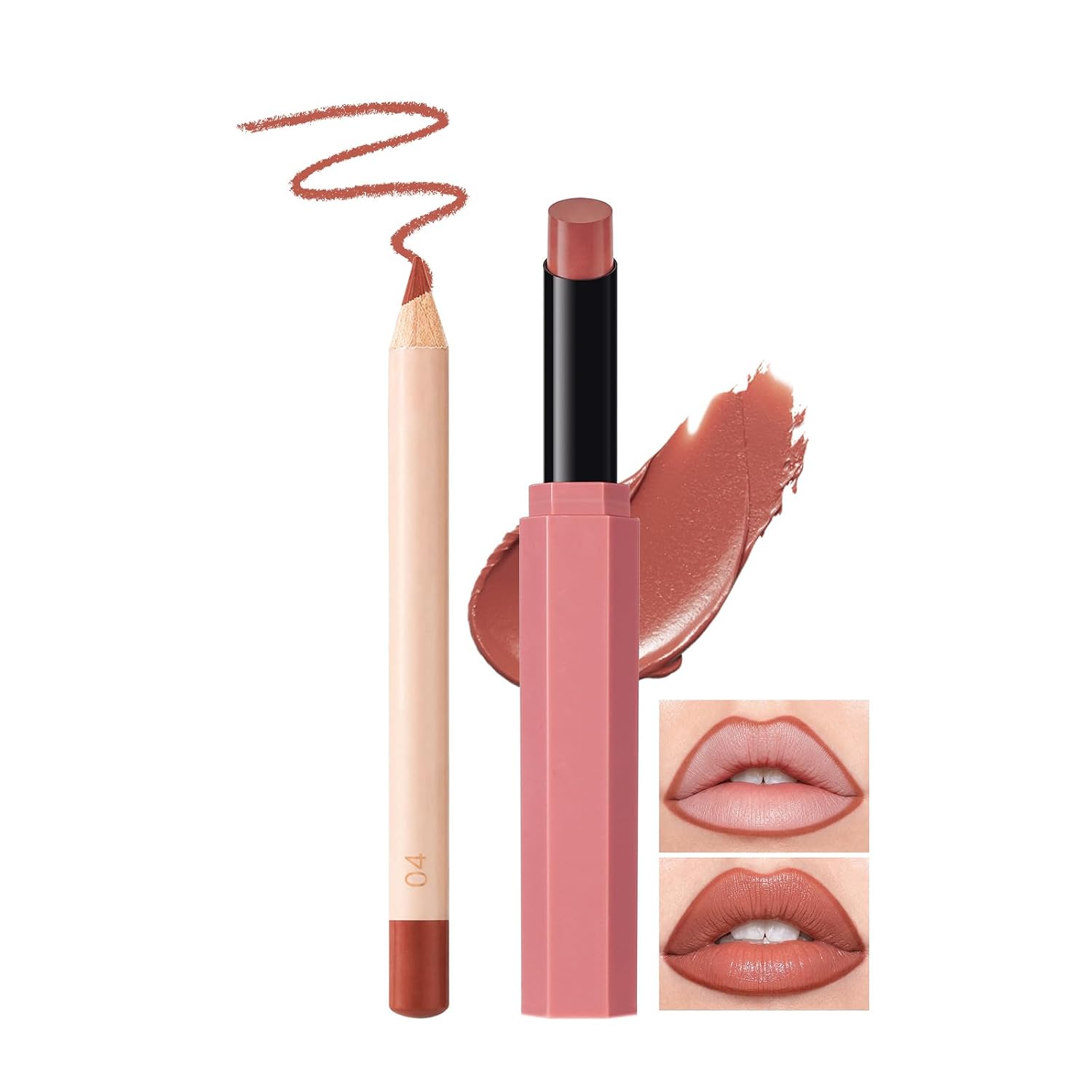 2 in 1 Lip Liner and Lipstick Set, Matte Lip Liner & Glossy Lipstick, #01 Nude Milk Tea, Long Lasting Waterproof High Pigmented Lip Makeup, Smudge Proof Non-Sticky, Gift for Women
