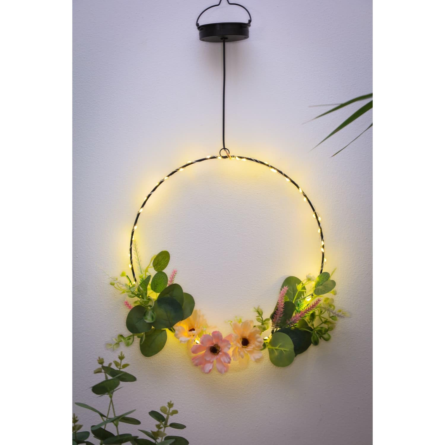 Bloomingtons Direct Yellow Led Solar Hanging Wreath Spring Summer Light Up Wreath For Front Doors Hanging Wall Display Ornament Foliage Waterproof Outdoor Lighting For Indoor Outdoor