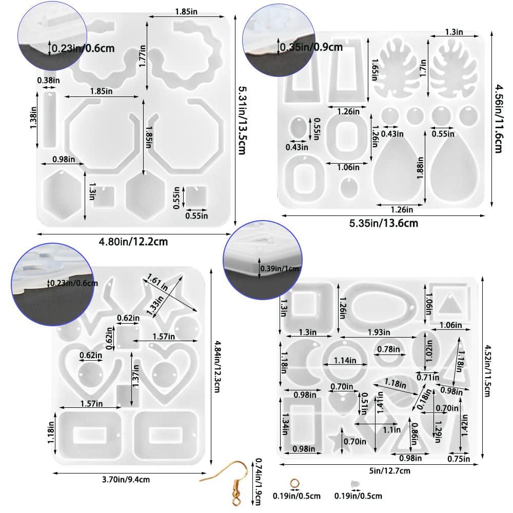SENHAI - 4 moldes de resina para pendientes, varios estilos de silicona, con ganchos para las orejas, lazos abiertos y tapones transparentes para los oídos, para hacer pendientes, colgantes, joyas