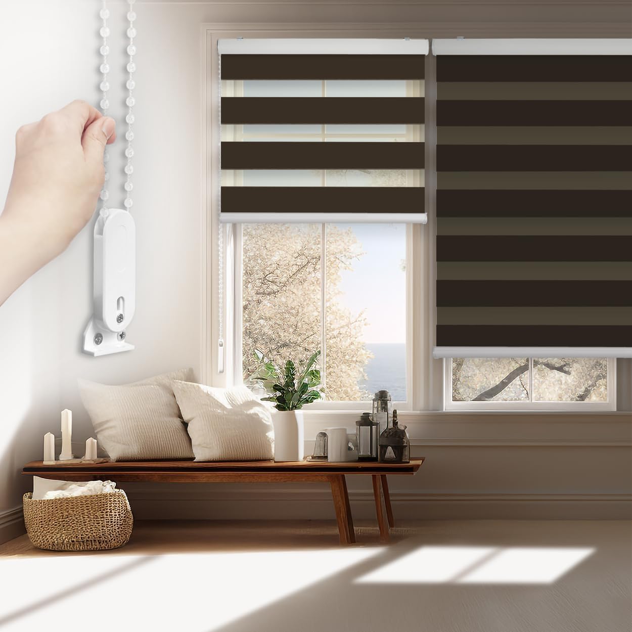 FOIRESOFT Custom Blackout Zebra Roller Blinds [Bonita, Pure Dark Brown, W 10-109 x H 10-105 inch] Dual Layer Privacy Shade, Room Darkening, Select 1x1 for Custom
