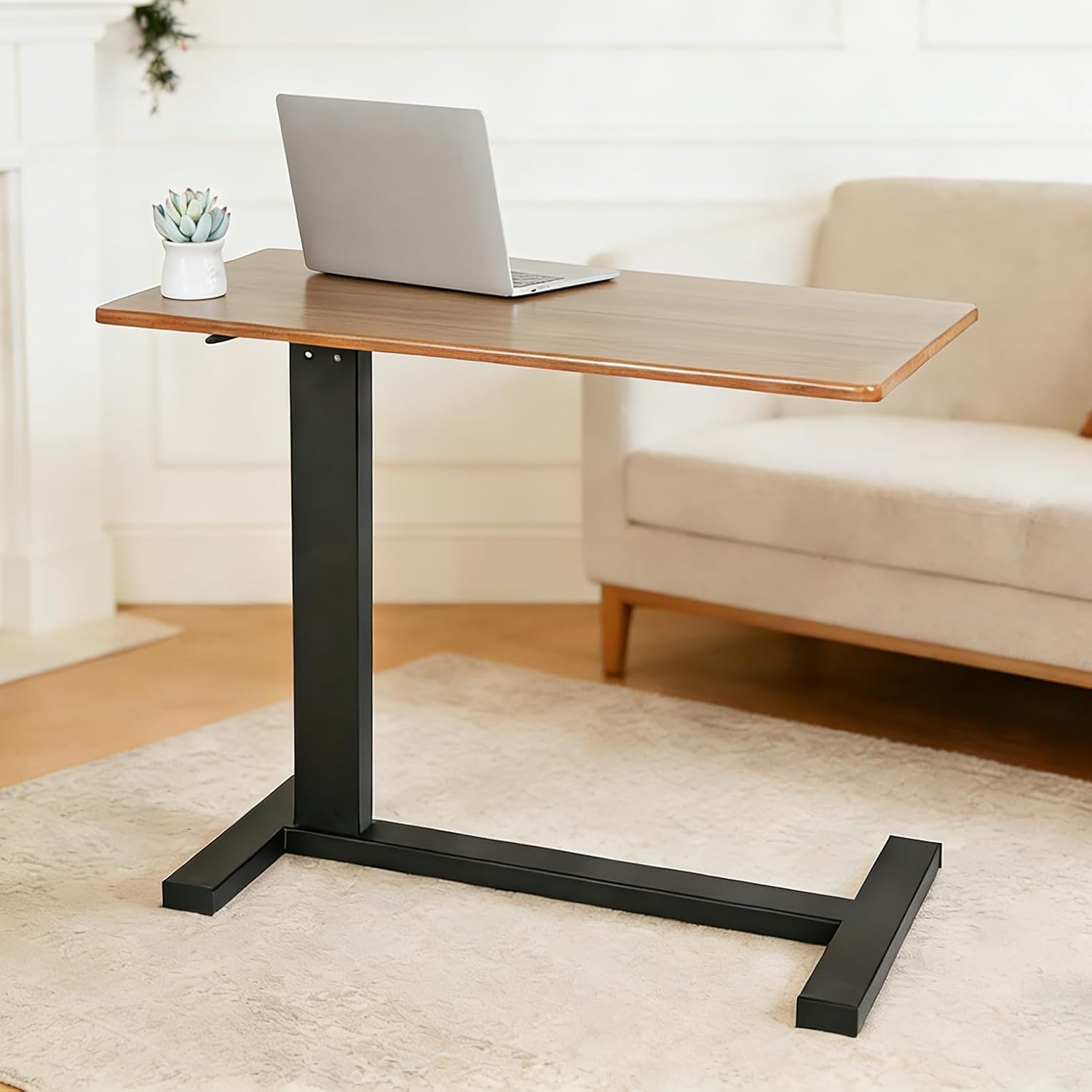FATIVO Table de Lit à roulettes, Large Table Roulante Réglable en Hauteur de 68 à 105 cm Table pour Lit Médicalisé - Plateau 80x40cm, Vérin Pneumatique, Noir/Chêne