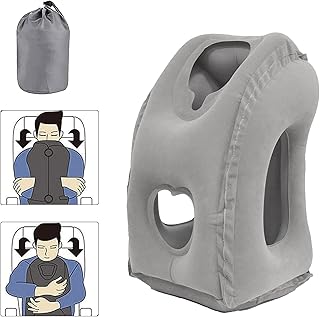 Inflatable Travel Pillow Headrest, Neck & Head Support Pillow, Airplane Neck Air Pillow for Sleeping Traveling to Avoid Neck & Shoulder Pain, Compact & Lightweight, for Office Train Travel (Grey)