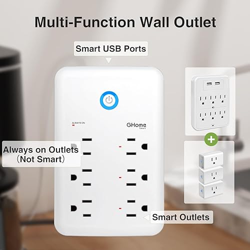 Vista 14 de GHome Smart Extensor de tomacorriente, protector de sobretensiones con 3 regletas inteligentes controladas individualmente y 3 puertos USB