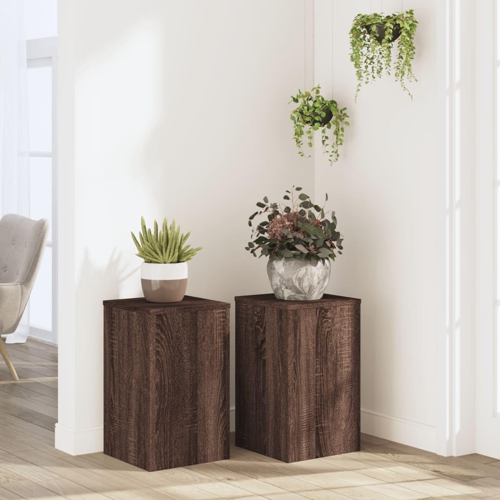 Mokuyary Plant Stands 2 Units Brown Oak Wood 30 x 30 x 50 cm High Strength Hollow Shelf That Can Be Filled with Sand and Gravel for Flower, Pot, House Plant