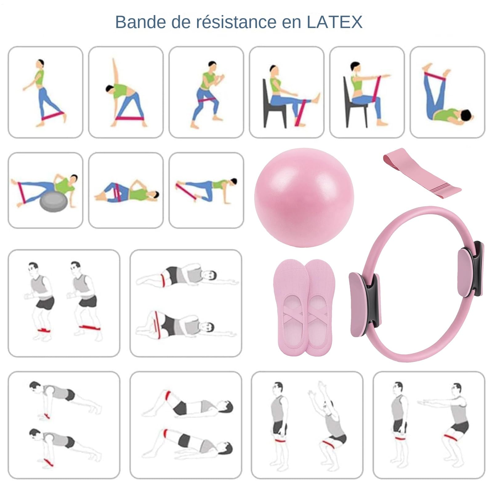 Kit Pilates Maison pour Femmes, Pilates Essential Kit, Équipement De Fitness Pilatess avec Anneau Pilatess, Longues Bandes De Résistance, Ballon Et Chaussettes Préhension, pour Musculation
