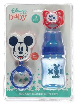 Cudlie Disney Baby Boy Mickey Mouse Bottle, Rattle & Pacifer Set