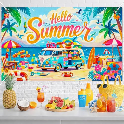 Image of BlissYard Summer Party Decorations 71 x 43 Inch Hello Summer Beach Party Backdrop Banner Surf Van Aloha Luau Party Decorations Pool Party Photo Booth Background Indoor Outdoor Wall Decor