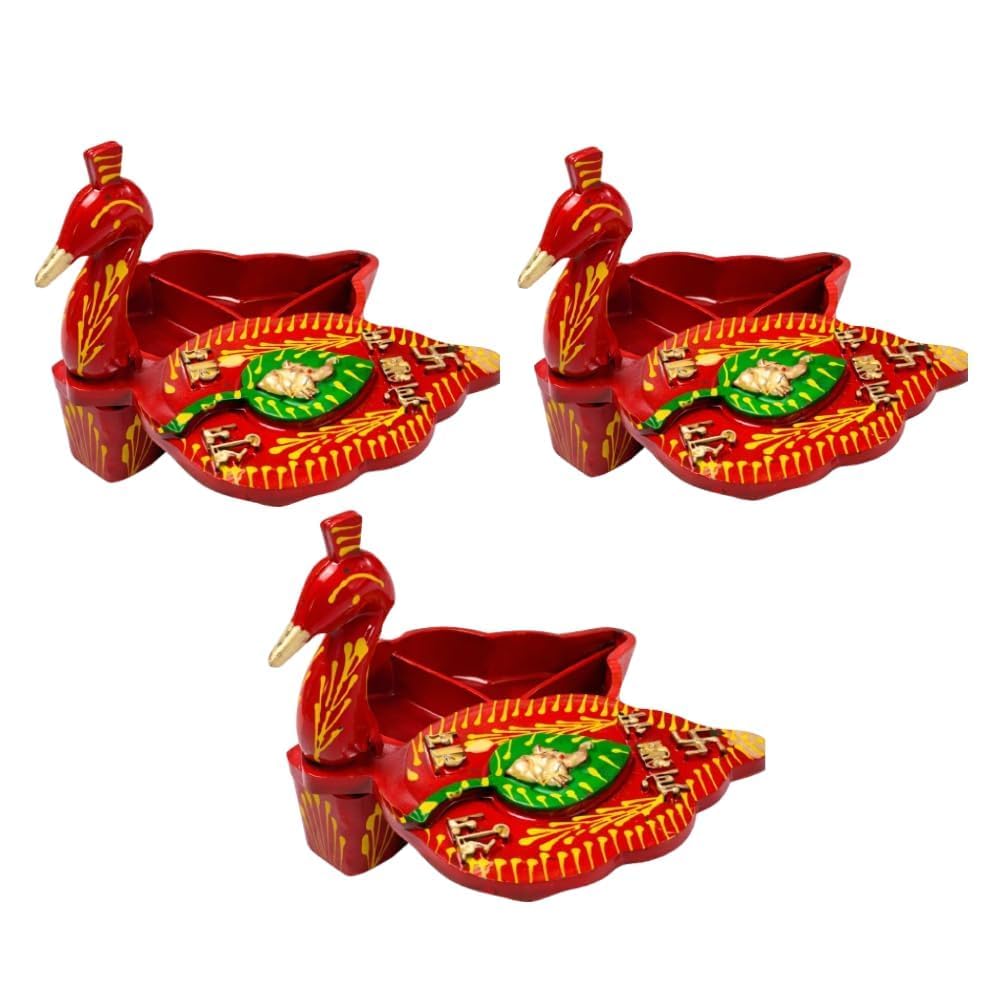 Tika Chopra in Peacock Shape Meenakari Work/Kumkum Box with Chawal-Akshat-Haldi Wooden Chopda for Gift and Pooja Decorative Purpose Item (3, Green)-image-6
