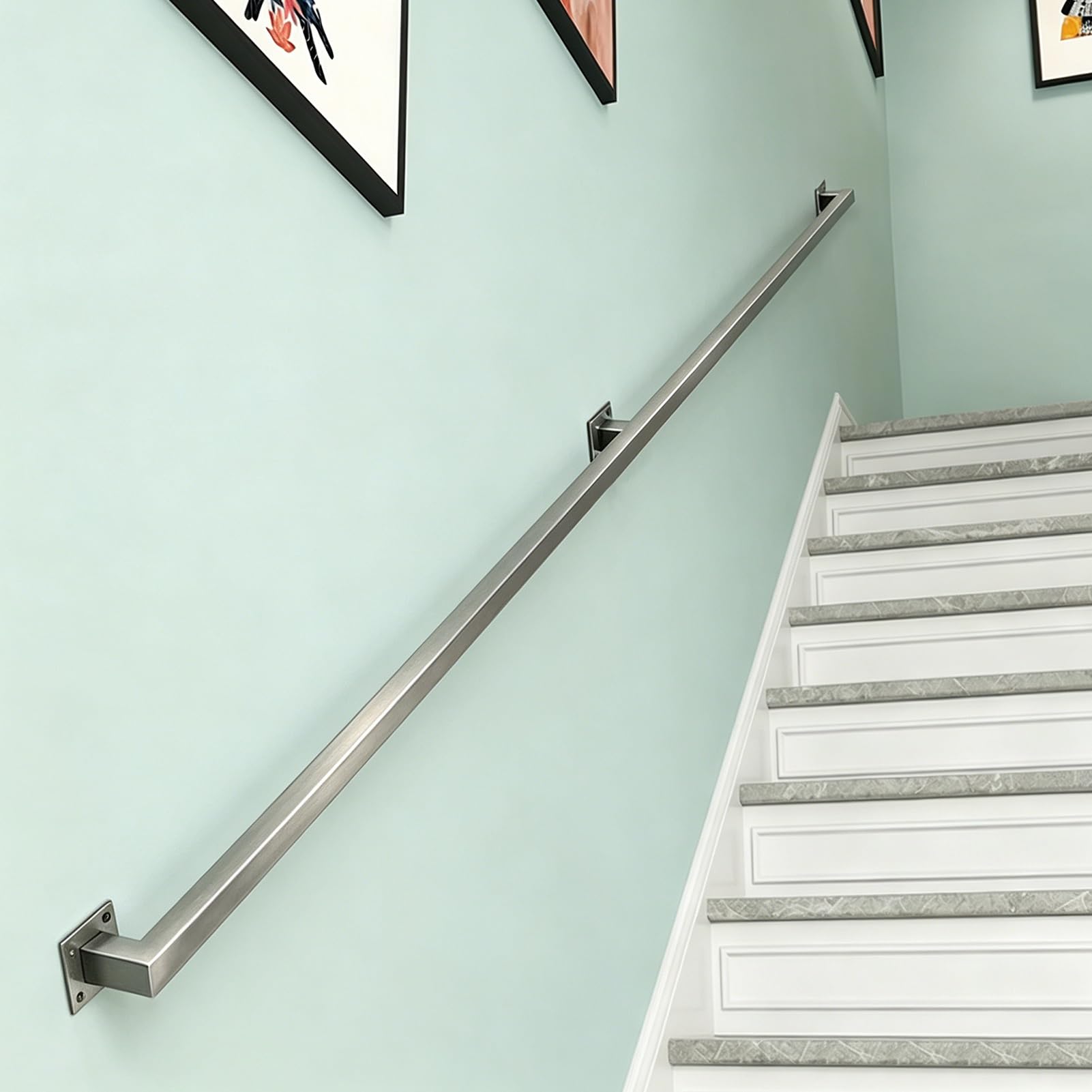 Silver Staircase Handrail | 30cm-600cm Wall-Mounted Banister Grab Bar with Brackets | Square Tube Non-Slip Guardrail Hand Rail Support Rod for Loft Porch Garage Deck(8ft/2.4m)