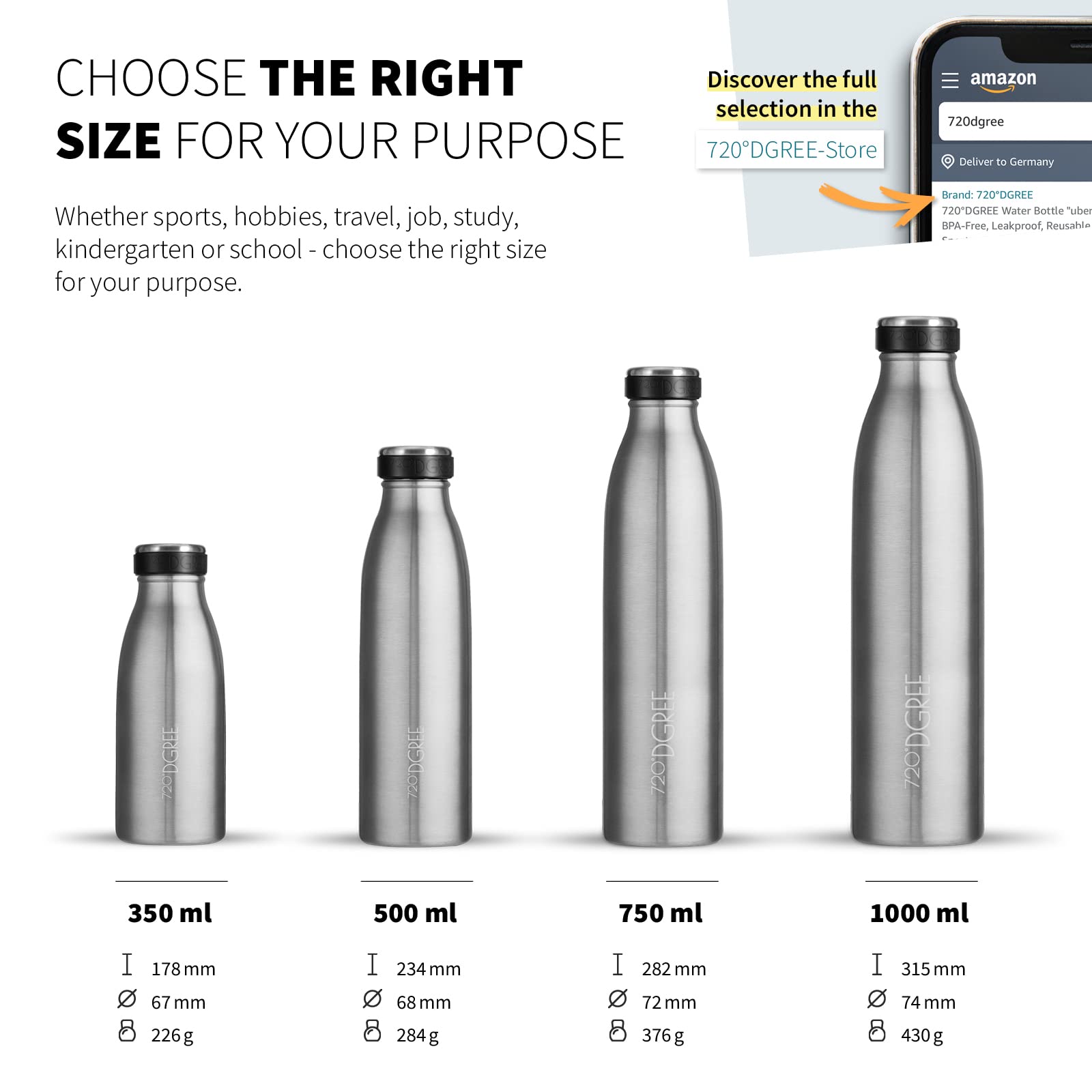 720°DGREE Botella Agua Acero Inoxidable “milkyBottle“ – 1litro - Sin BPA Free, Antigoteo y Prueba de Fugas - Frasco térmico, Cantimplora Aislada - Bebida con Gas, Deporte, Escuela, Gimnasio Exteriore - 4