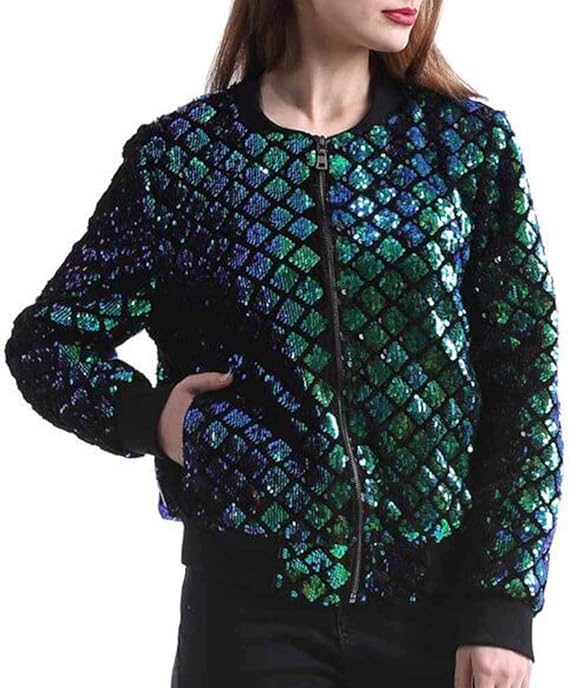 Frauen Multicolor Pailletten Jacke Glitter Bling Baseball Biker Mantel