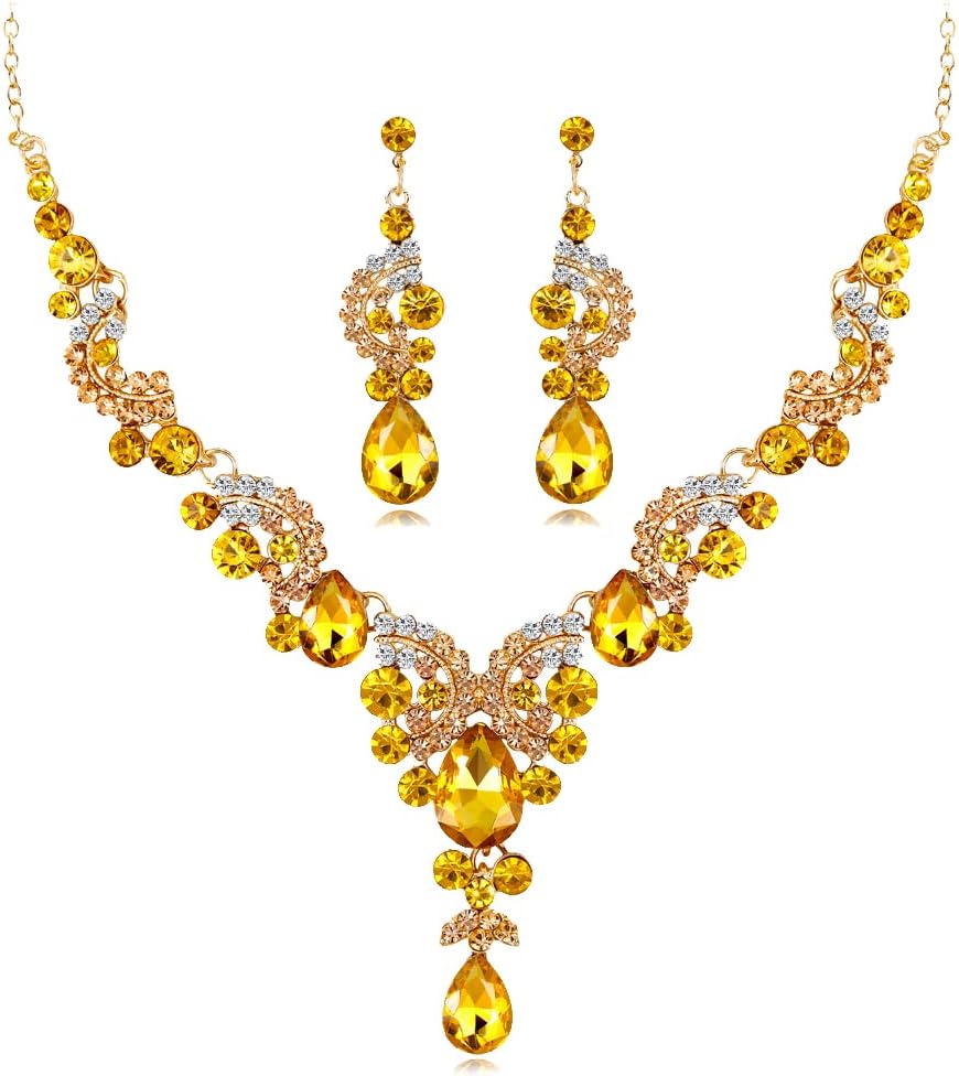 Wekicici Rhinestone Crystal Bridal Art Deco Floral Wave Teardrop Necklace Earrings Set for Women