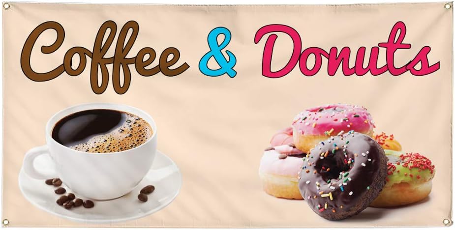 Vinyl Banner Multiple Sizes Coffee & Donuts Advertising Printing B Restaurant & Food Outdoor Weatherproof Industrial Yard Signs White Grey 4 Grommets 16x40Inches