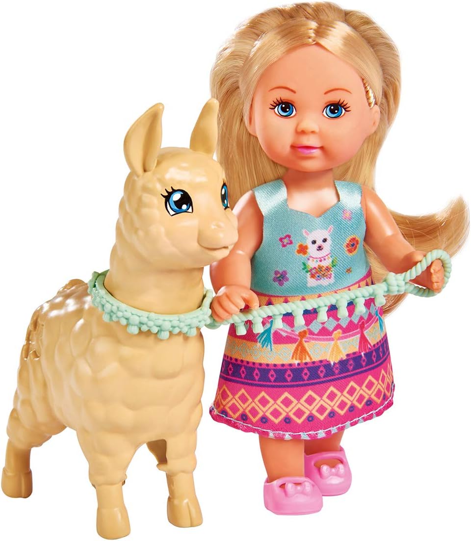 Simba Evi Love 105733497 Doll in Cute Outfit with Alpaca and Lead, 12 cm, for Children from 3 Years