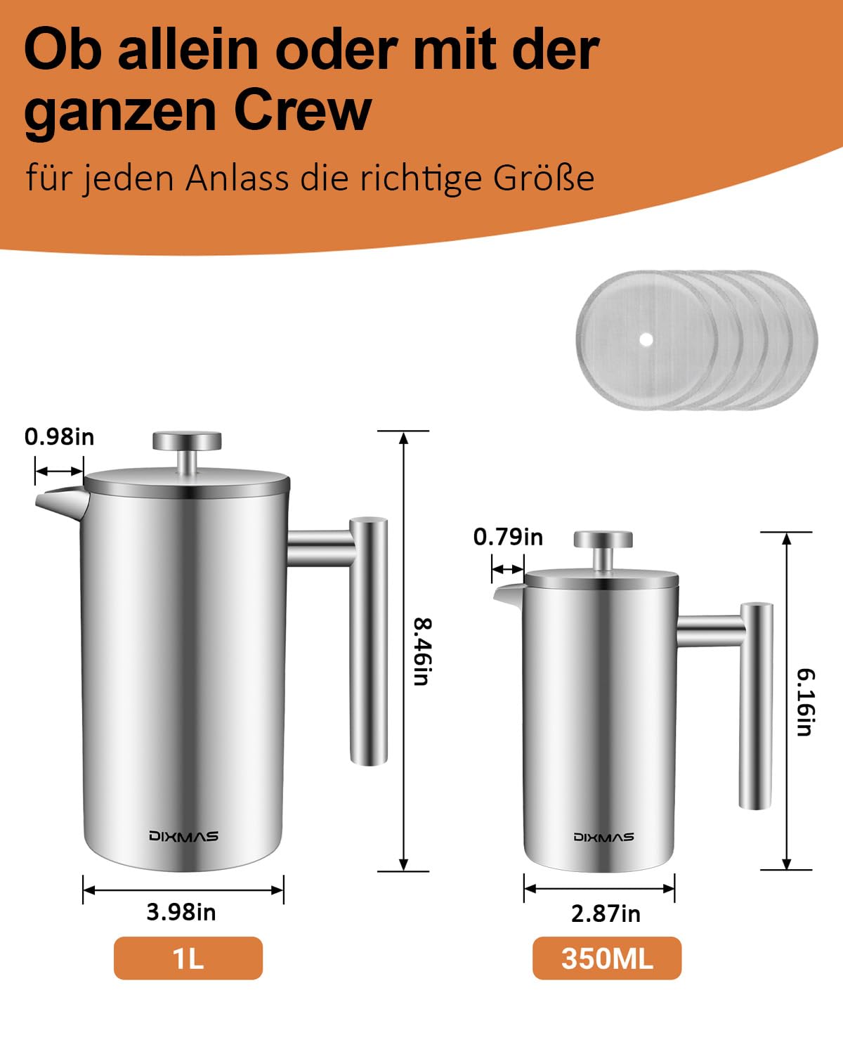 French Press Kaffeebereiter Edelstahl 350 ml/2Tassen, French Press Thermo, doppelwandig isoliert - 0,35 Liter