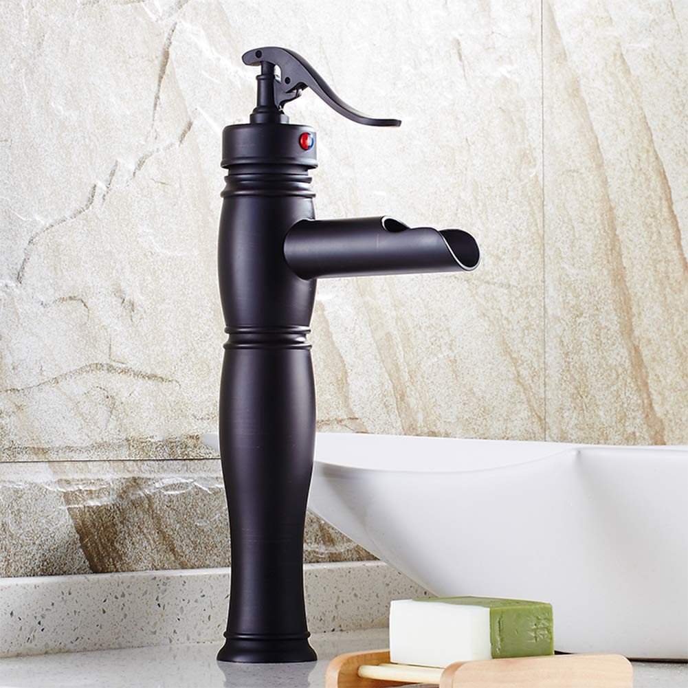 Wasserfall Wasserhahn Bad Waschtischarmaturen - Retro Messing Einhebel Einloch Waschbecken Wasserhahn Hoch, Schwarz