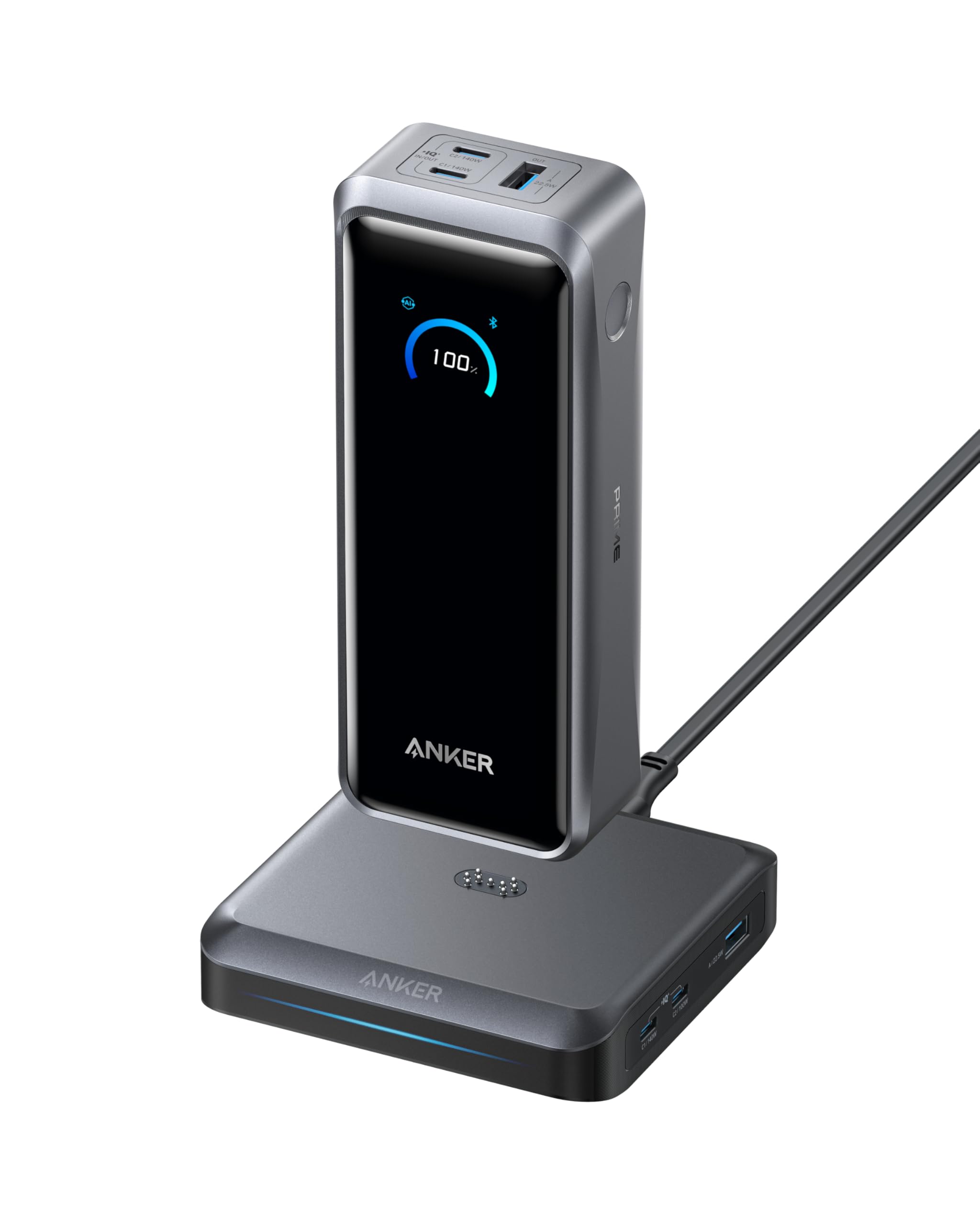 Anker Prime Power Bank con Base de Carga, 26.250 mAh, 300 W | Para 6 dispositivos, carga bidireccional, apta para vuelo, control por app, compatible con MacBook e iPhone