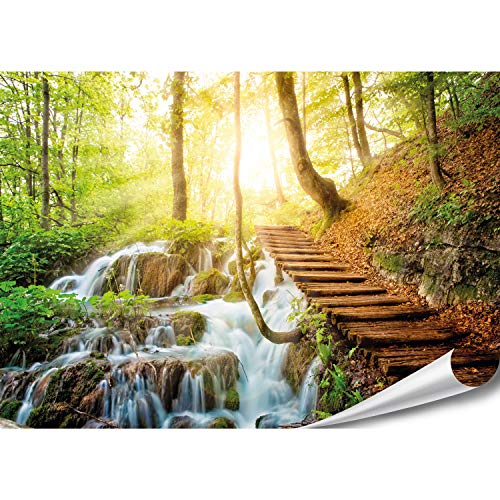 PMP-4life XXL Poster Waldtreppe neben Wasserfall | 140x100cm | hochauflösendes Wald Fotoposter, Natur Plakat extra groß, XL Wand-Bild | Wanddeko Bild Landschaft Bäume Wasser |