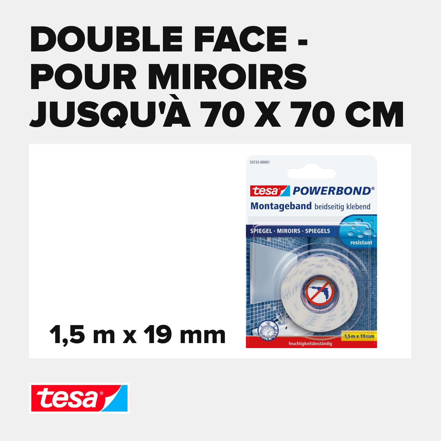 tesa Ruban Adhésif Double-Face de Montage Spécial Miroirs 1,5 m x 1,9 cm Résistant Pièces Humides