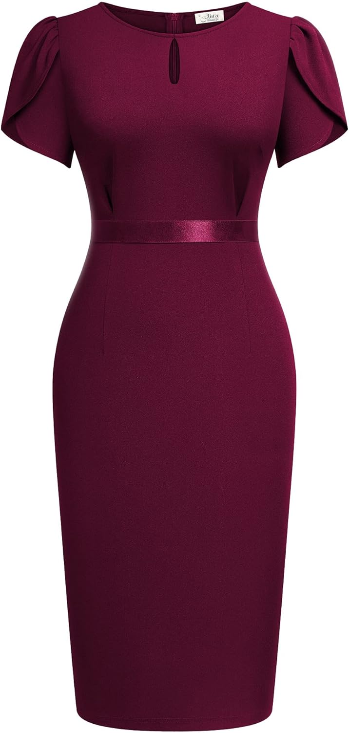 AISIZE Women's Elegant Puff Sleeves Keyhole Neck Cocktail Party Pencil Dress - Image 4