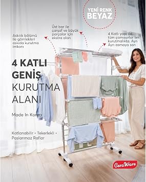 Ceraware Home S4 Premium 4 Katl  BEYAZ  ama rl k Made in Korea Tam Katlan r Tekerlekli  ama r Kurutmal k