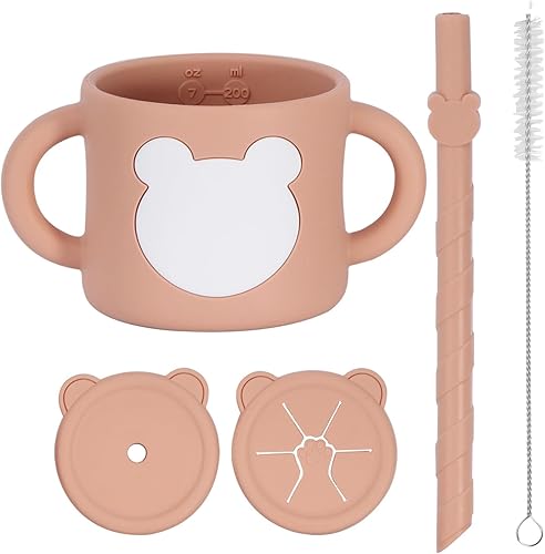 Juego de vasos de entrenamiento de silicona 3 en 1, ergonómico, silicona de grado alimenticio, incluye popote y tapas para aperitivos, apto para