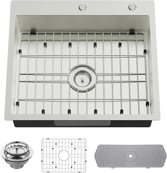 Stainless Steel Kitchen Sink, 25x22x6 Inch Low Height Design Single Bowl Drop In Topmount Kitchen Sink Come With Accessories Ensure Individuals With Limited Mobility Easily Accessing And Using