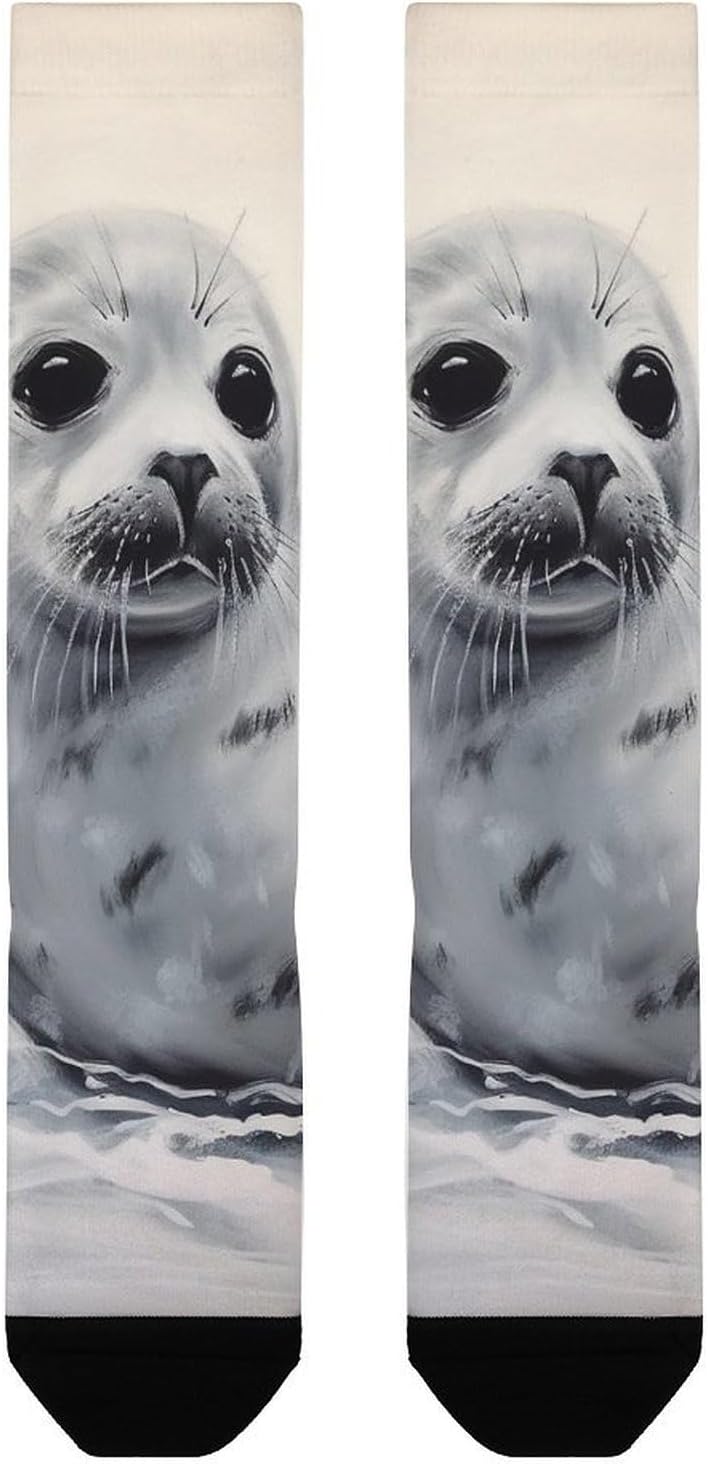 Knee High Socks Harp Seal Painting Long Tube Boot Seamless Toe