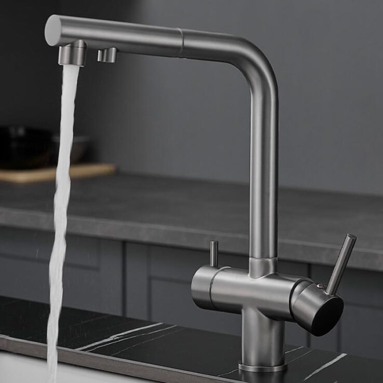 Generico Rubinetto da Cucina 3 Vie Estraibile con Doppia Maniglia in Ottone Rotazione 360° per Depuratore d'Acqua - Grigio