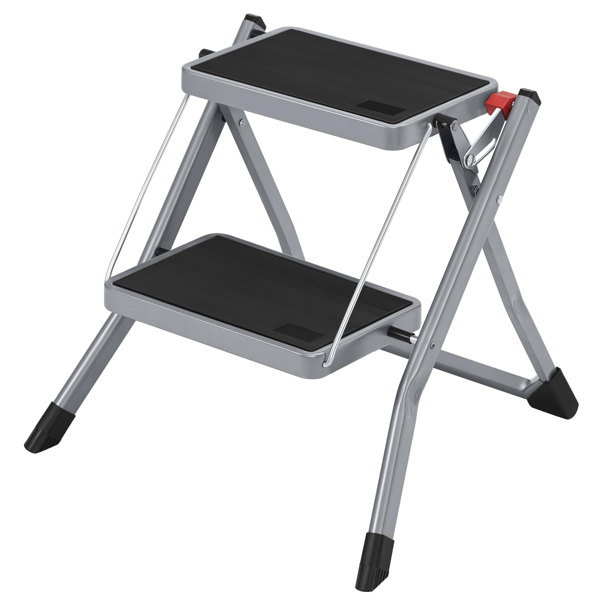 SONGMICS Trapladder, 2-traps ladder, vouwladder, veiligheidsslot, ruimtebesparende opslag, belastbaar tot 150 kg, duifgrijs GSL012G01