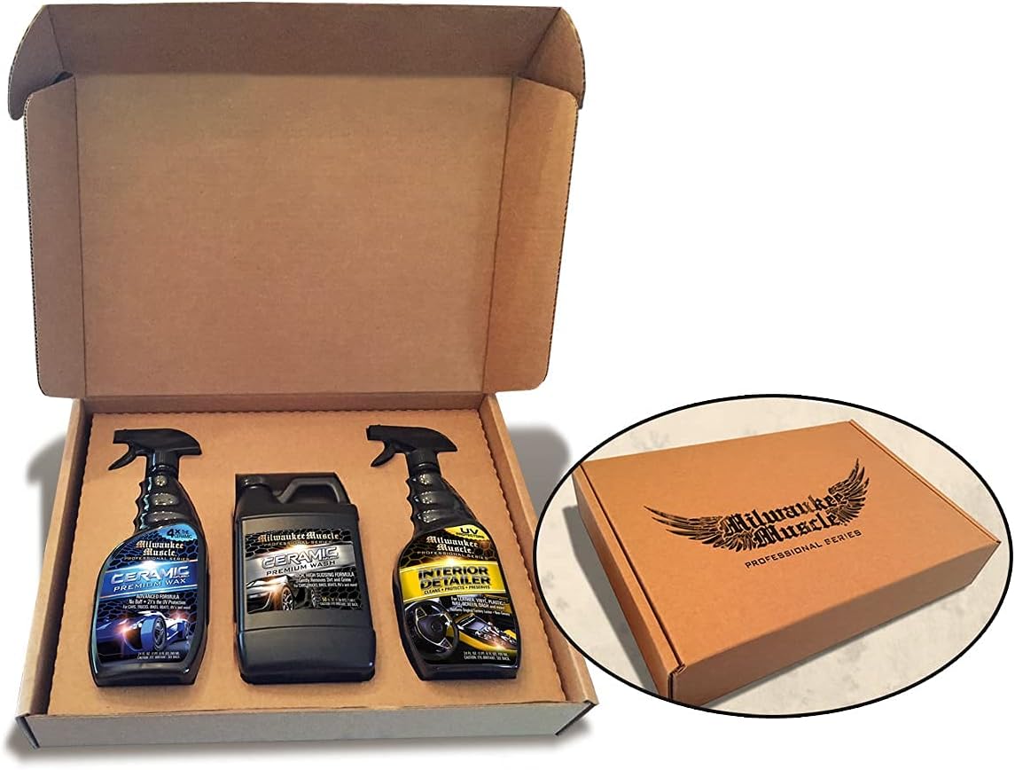 Exclusive Discount 50% Price Milwaukee Muscle Premium Car Care Kit - 3 Pack Gift Set - Full Size Bottles of: Ceramic Car Wash, Ceramic Wax Spray and Interior Cleaner